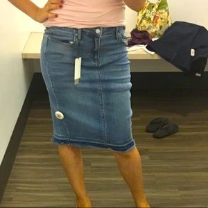 Knee length denim pencil skirt modest